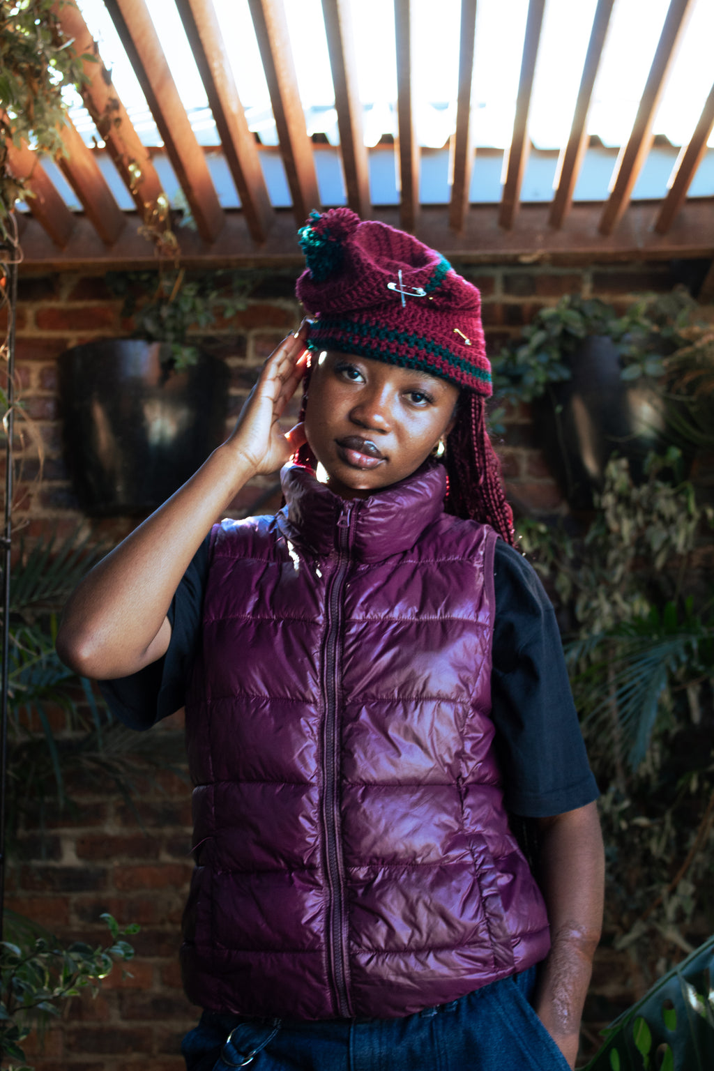 Burgundy and green beanie