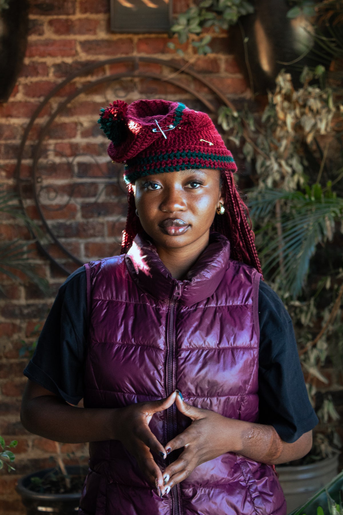 Burgundy and green beanie